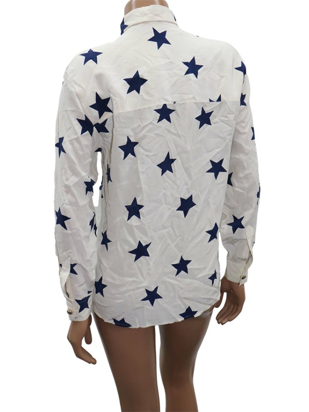 Escada Silk Star Print Button-Up Blouse White Blue S - Picture 5 of 6